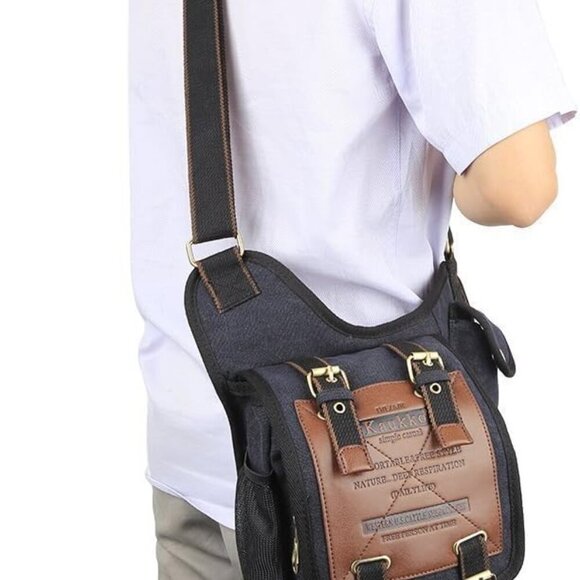 Mens Vintage Canvas Shoulder Messenger Bag Chest Leather Patchwork Messenger Bag - Picture 9 of 9